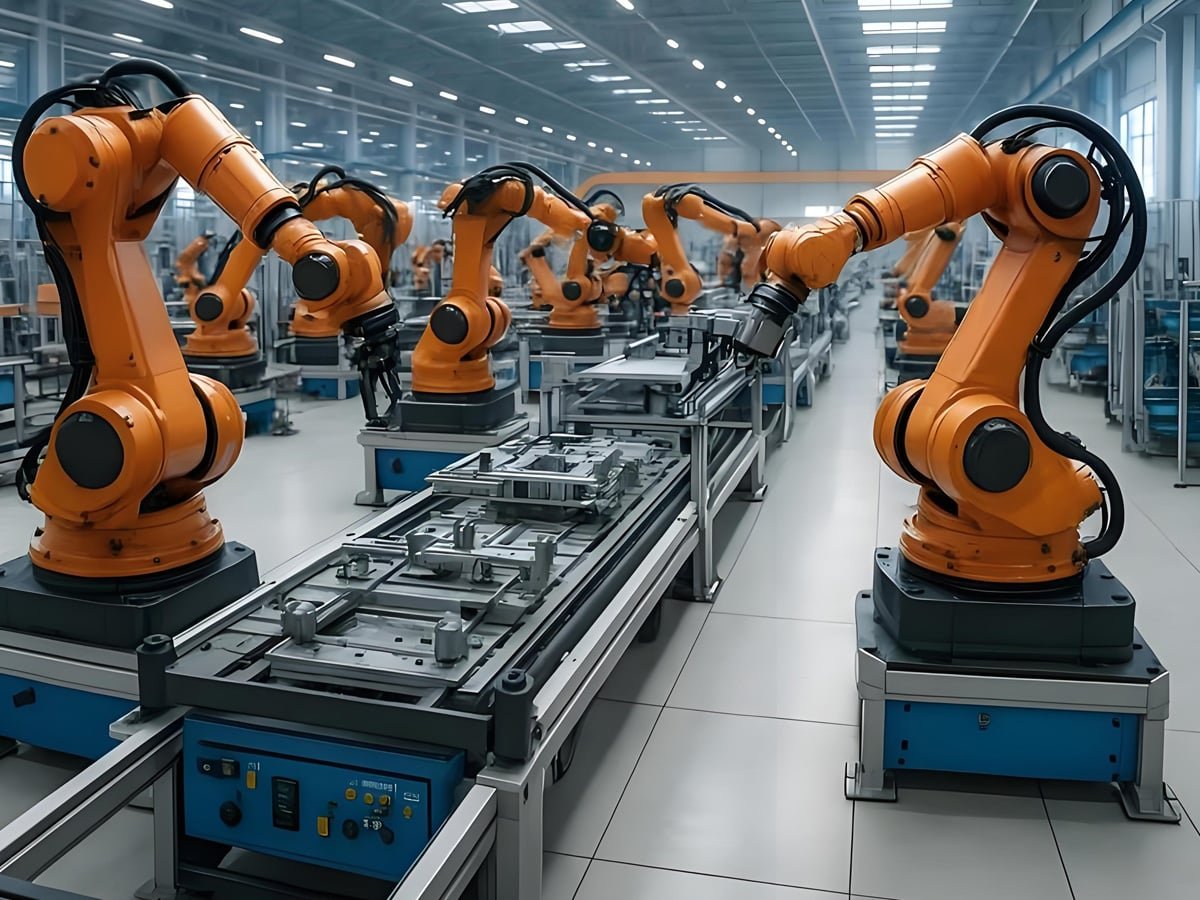 Hulk Cable deployed in smart factory with multiple orange robotic arms performing synchronized assembly tasks, showcasing cable flexibility and durability under high-frequency multi-axis motion in automated manufacturing