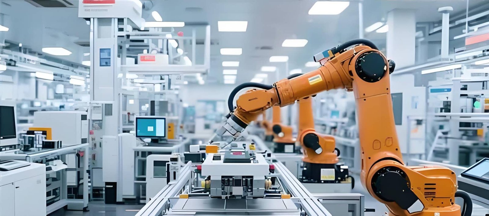 Orange industrial robotic arms operating in a modern smart factory assembly line, equipped with flexible black Hulk cables routing along the joints, demonstrating high-dynamic performance and reliability in automated manufacturing environments