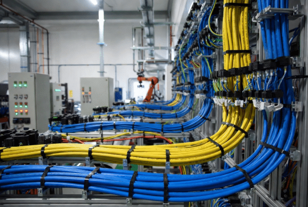 Professional view of bundled PVC and advanced halogen-free LSZH cables installed in industrial automation cable trays near robotic systems, highlighting material choices for fire safety and reliability in manufacturing facilities