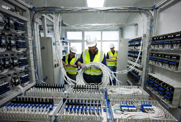 Realistic view of technicians retrofitting existing cable trays with new halogen-free LSZH cables in an industrial automation plant control room, emphasizing safety and minimal disruption during upgrade