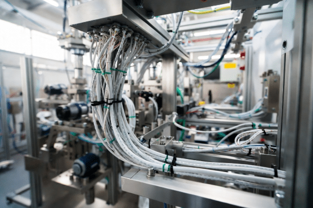 Realistic view of neatly installed halogen-free and LSZH cables routed along trays in a clean automated factory with robotic arms and control panels, highlighting professional industrial cabling for safety and reliability