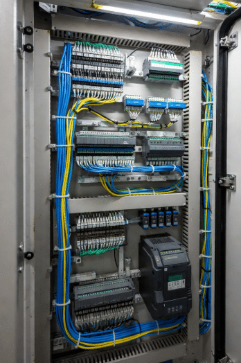 Detailed view of properly routed halogen-free control cables with correct bend radii, power and signal separation, and clean connections in an electrical control panel