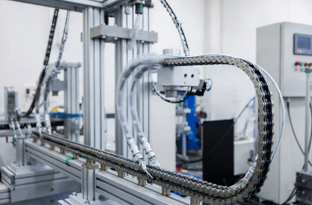 High-flex drag chain cables undergoing prototype testing in an energy chain system with controlled bend radius and motion cycling, showcasing flex life validation setup for OEM automation applications