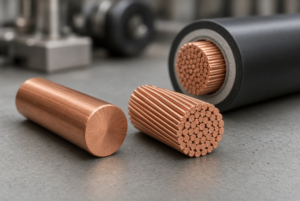 Professional comparison of solid copper conductor and multi-strand stranded copper conductor beside cutaway industrial flexible cable, illustrating conductor construction differences for industrial cable flexibility and performance selection