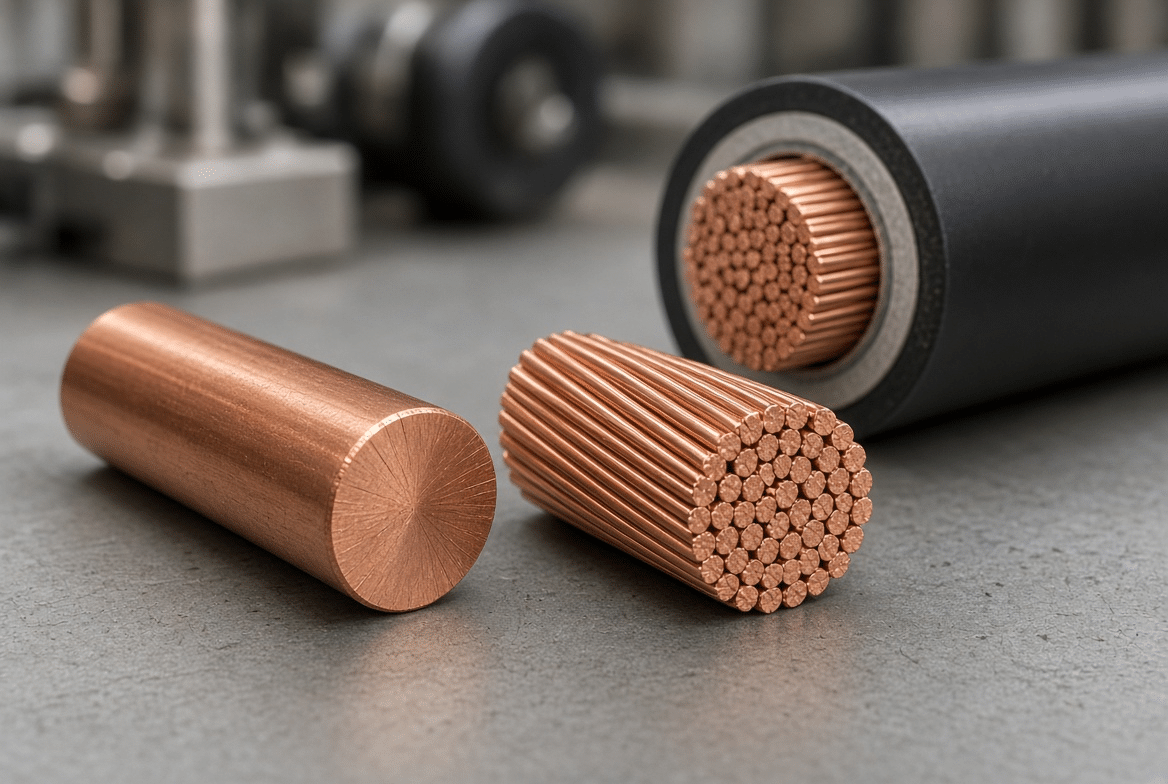 Professional comparison of solid copper conductor and multi-strand stranded copper conductor beside cutaway industrial flexible cable, illustrating conductor construction differences for industrial cable flexibility and performance selection