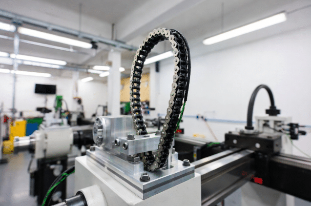 Professional view of high-flex standard drag chain cable operating smoothly in energy chain on CNC machinery, demonstrating typical industrial application and reliable performance