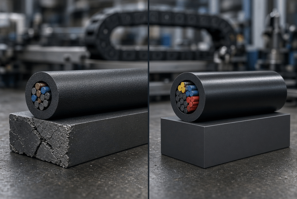 TPU vs PUR cable jackets comparison showing abrasion-resistant outer sheaths for drag chain, robotics and machine tool use