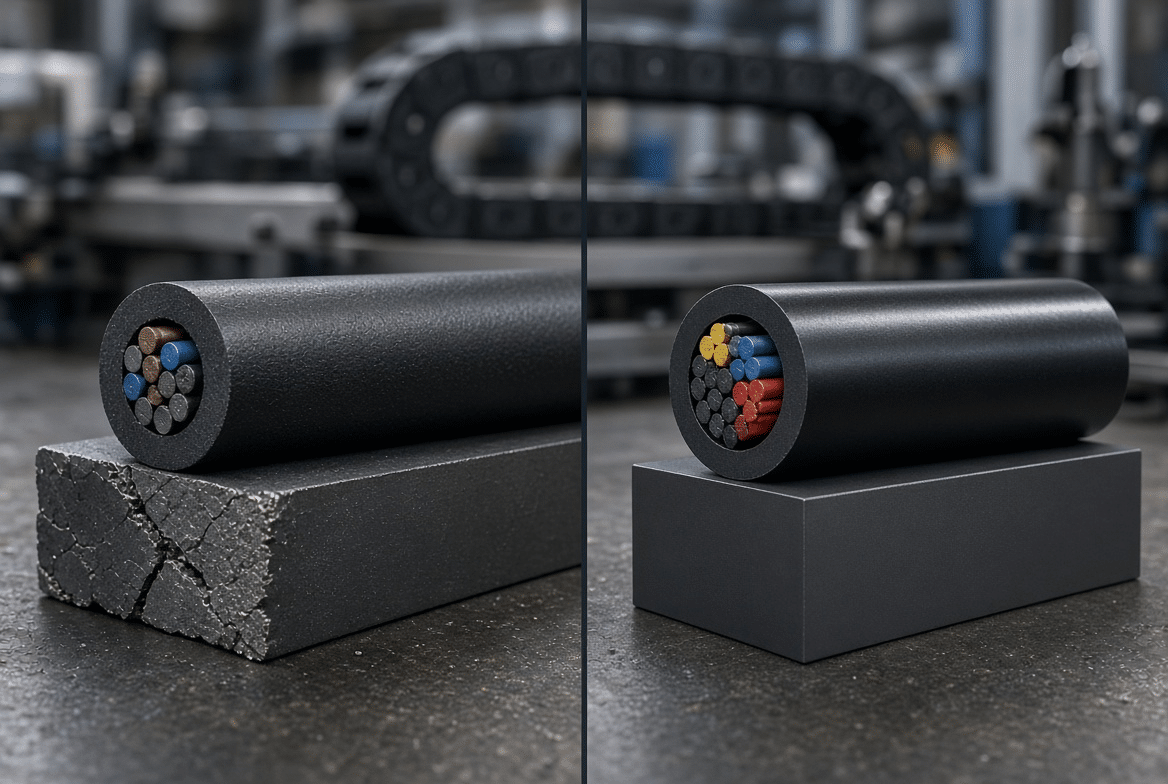 TPU vs PUR cable jackets comparison showing abrasion-resistant outer sheaths for drag chain, robotics and machine tool use